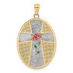 14K with White Rhodium Enameled Rose Cross with Serenity Prayer on Back Oval Disc Charm