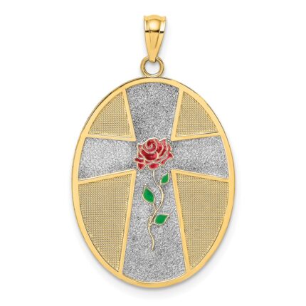 14K with White Rhodium Enameled Rose Cross with Serenity Prayer on Back Oval Disc Charm