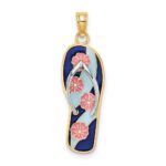 14K and White Rhodium 3-D Enameled Pink Flowers On Blue Stripes Flip-Flop Charm