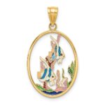 14K Multi-color Enamel Angelfish In Underwater Scene Oval Charm