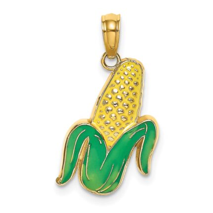 14K Yellow and Green Enameled Corn with Peeled Husk Charm