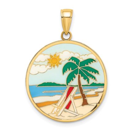 14K Enamel Beach Scene On Round Disc Charm