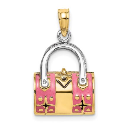 14K and White Rhodium 3-D Pink Enameled Handbag Opens Charm
