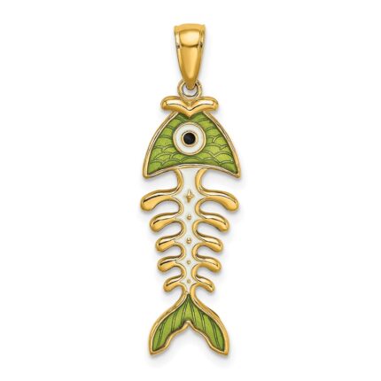 14k 3-D  Green Enamel Fish Bone Charm