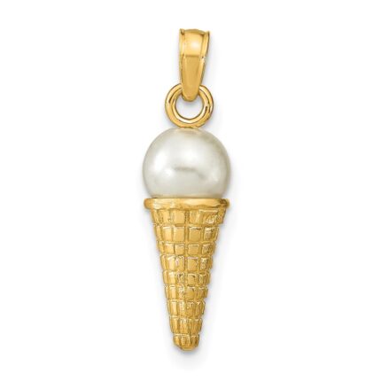 14K Satin Polished 3-D White Bead Ice Cream Cone Pendant