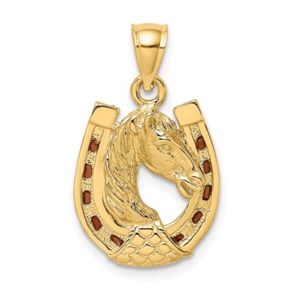 14K Brown Enameled Horse Head In Horseshoe Charm