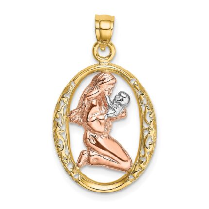 14k Two-tone with White Rhodium Mother and Baby In Oval Frame Charm