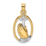 14K and White Rhodium Praying Hands and Cross Oval Charm