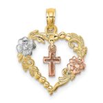 14K Two-tone with White Rhodium Heart with Cross and Flowers Charm