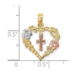 14K Two-tone with White Rhodium Heart with Cross and Flowers Charm - Image 2