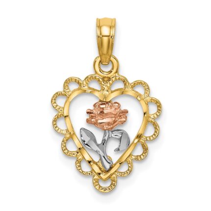 14k Two-tone with White Rhodium Heart with Rose and Lace Border Charm