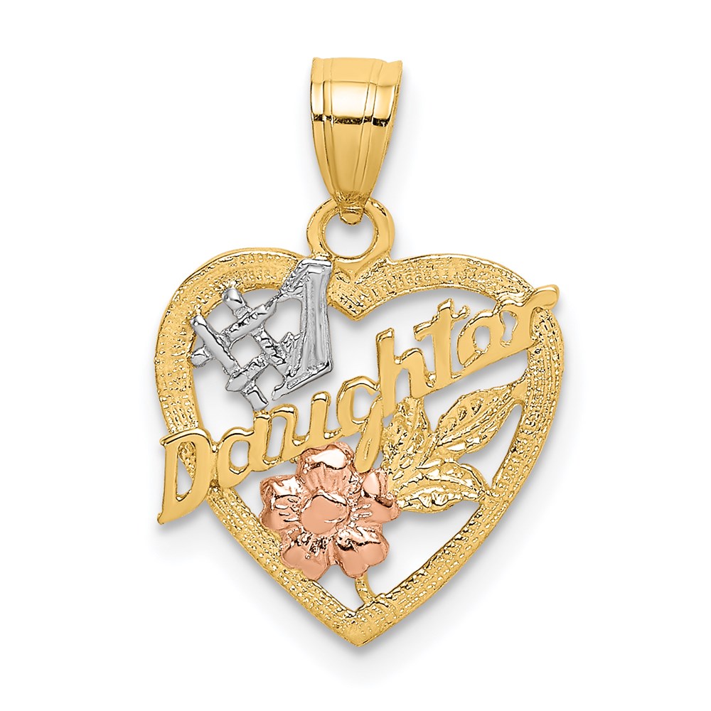 K9072.jpg 14k Two-tone with White Rhodium #1 DAUGHTER In Heart with Flowers Charm - Image 1