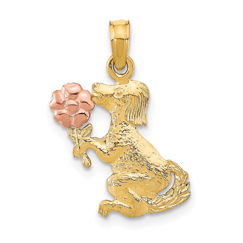 K9105.jpg 14k Two-Tone Dog Holding Flower Charm - Image 1