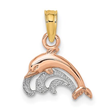 14K Two-Tone with White Rhodium Dolphin and Wave Charm