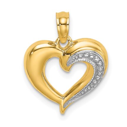 14k and White Rhodium Polished and Textured Heart Charm