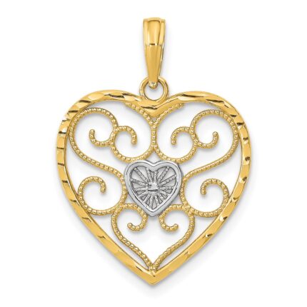 14k and White Rhodium Filigree Beaded Heart Charm