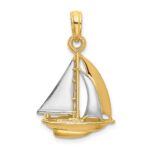 14K and White Rhodium 3-D Polished Sailboat Charm