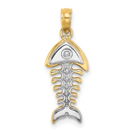 14K and White Rhodium 3-D Fishbone Charm