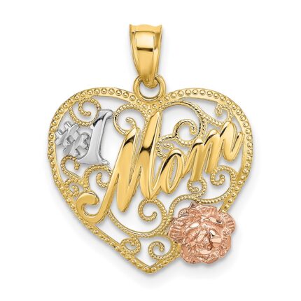 14k Two-tone with White Rhodium #1 MOM with Flower Heart Charm
