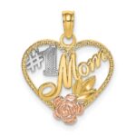 14k Two-tone with White Rhodium Textured #1 Mom Heart Charm