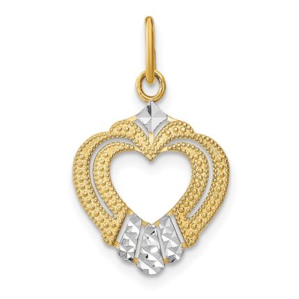 14k and White Rhodium Diamond-cut Textured Heart Charm