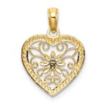 14k and White Rhodium Textured Flower Filigree Heart Charm - Image 4