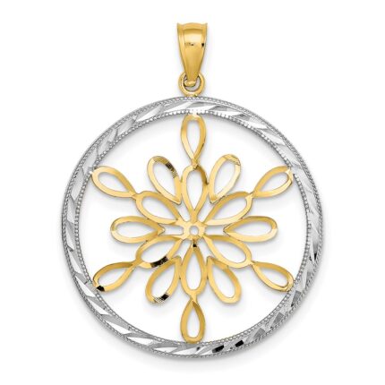 14K and White Rhodium Diamond-cut Circle Snowflake Charm