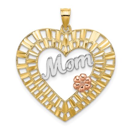 14k Two-tone with White Rhodium Diamond-cut MOM with Flower Heart Charm