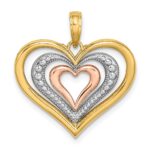 14k Two-tone with White Rhodium Textured and Polished Triple Hearts Charm