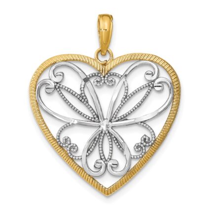 14k and White Rhodium Filigree Heart Charm