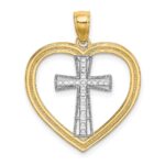 14K and White Rhodium Heart with White Cross In Center Charm