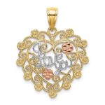 14k Two-tone and White Rhodium I LOVE YOU Filigree Heart with Flowers Charm