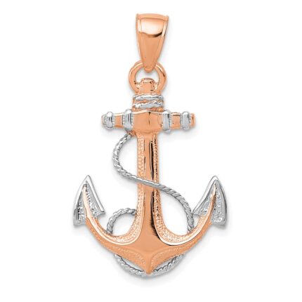 14k Rose Gold and White Rhodium Anchor with Rope Pendant