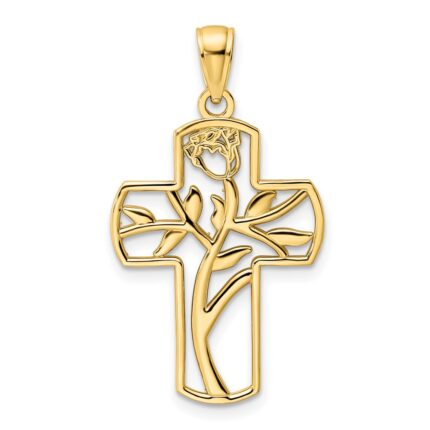 14K Polished Flower Design Cross Pendant