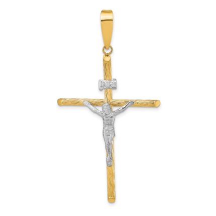 14K and White Rhodium Polished and Textured INRI Crucifix Cross Pendant