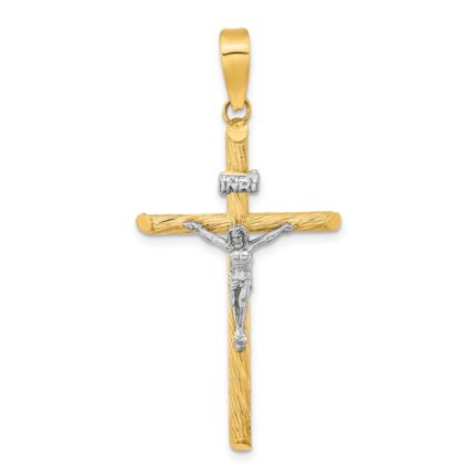 14K and White Rhodium Polished and Textured INRI Crucifix Cross Pendant