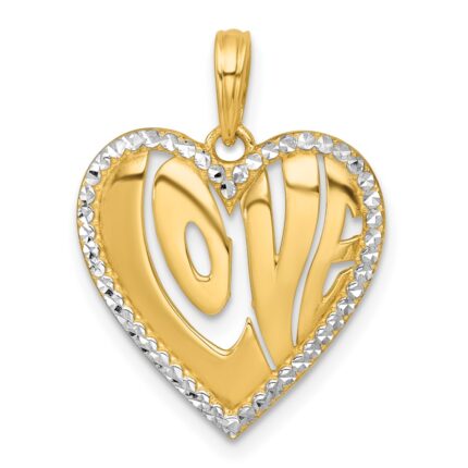 14k with White Rhodium Polished Cut-out LOVE In Heart Pendant