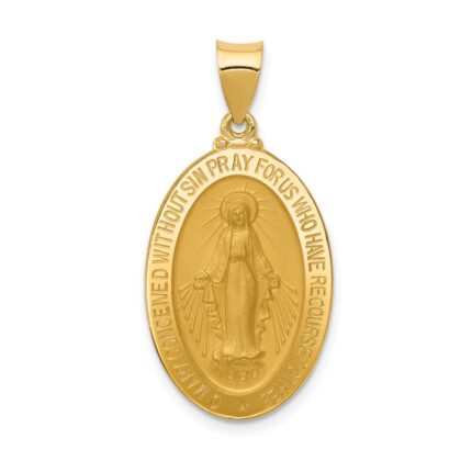 14k Polished and Satin Hollow Miraculous Medal Oval Pendant