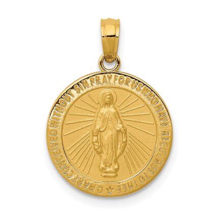 14k Polished and Satin Solid Miraculous Medal Round Pendant