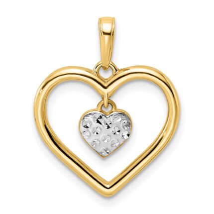 14k and White Rhodium Diamond-cut Heart Dangle in Heart Pendant