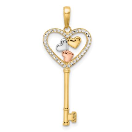 14k with White and Rose Rhodium Diamond-cut Hearts Key Pendant