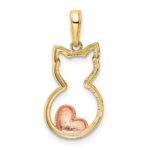 14k and White and Rose Rhodium Diamond-cut Cat with Heart Pendant - Image 3