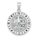 Sterling Silver Rhodium-Plated Polished Moveable Crystal Compass Pendant