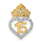 14K Two-tone 1/15 carat Diamond Quinceanera 15 Heart with Crown Chain Slide