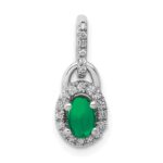 14k White Gold Diamond and Oval Cabochon Emerald Halo Pendant