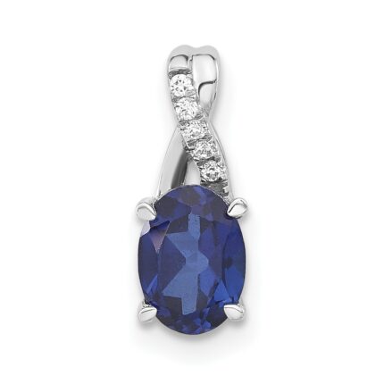 14K White Gold 7x5 Oval September/Lab Created Sapphire and Diamond Pendant