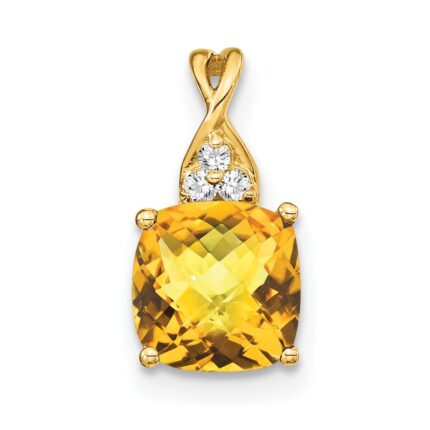 14k 7mm Cushion Checkerboard November/Citrine and Diamond Pendant