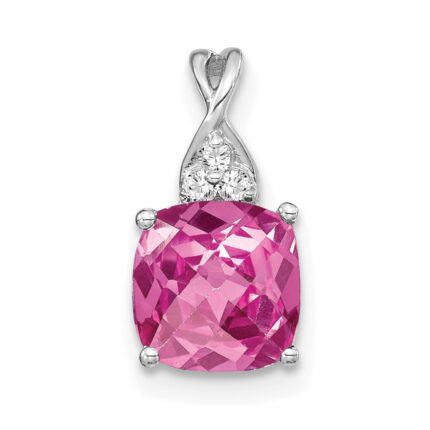 14k White Gold 7mm Cushion Checkerboard October/Lab Created Pink Sapphire and Diamond Pendant