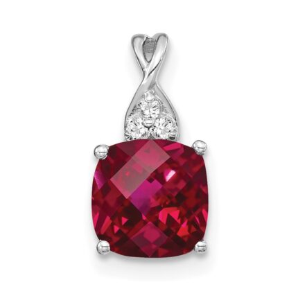 14k White Gold 7mm Cushion Checkerboard July/Lab Created Ruby and Diamond Pendant