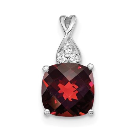 14k White Gold 7mm Cushion Checkerboard January/Garnet and Diamond Pendant